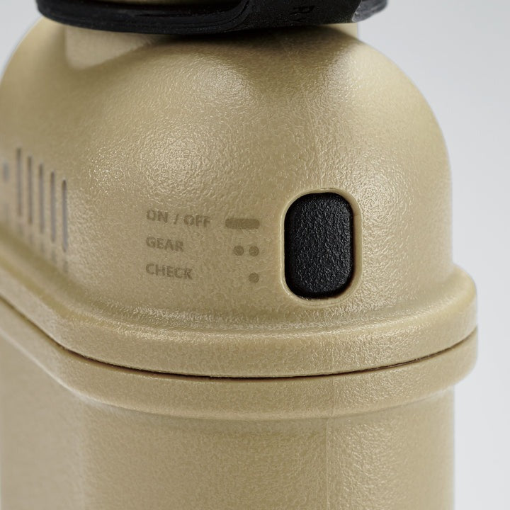 closeup shows how long to press the button for on/off, gear, and check battery life functions of the durable outdoor power bank