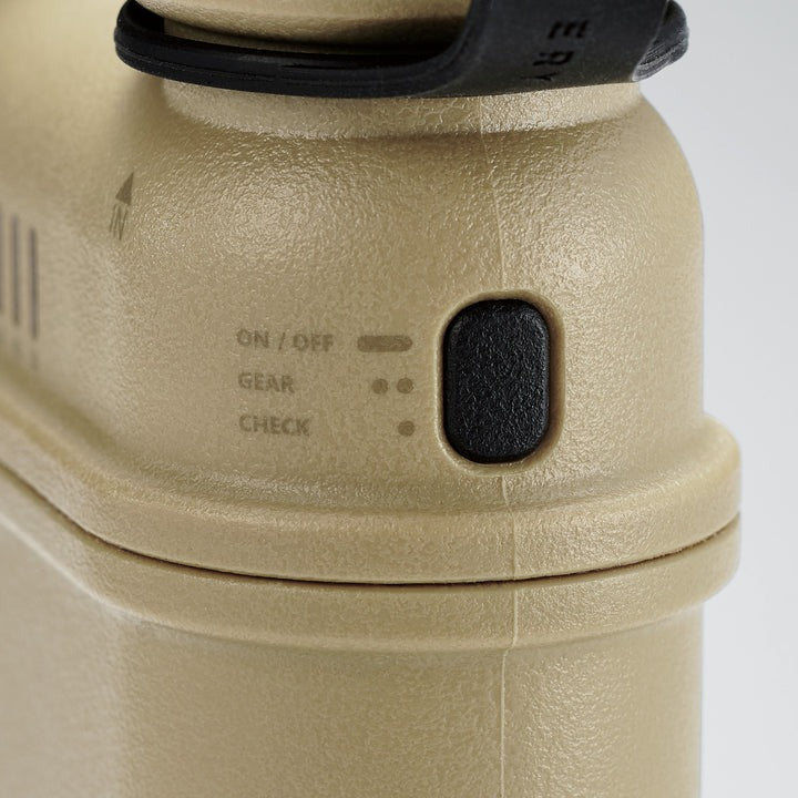 closeup view of button function | long press for on/off, double press for gear mode, or quickly press to check the battery life
 