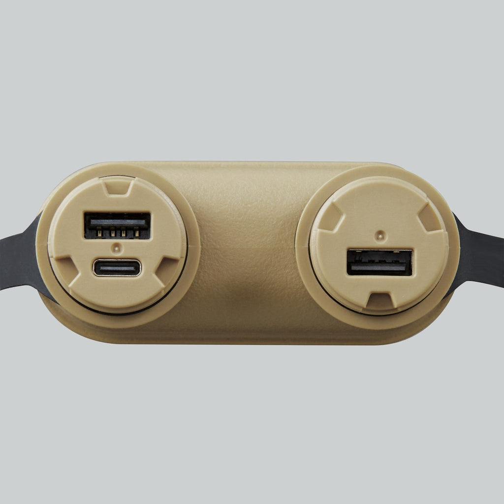 closeup view of the beige 15000mah battery, showing 2 USB-A ports, and one USB-C port
