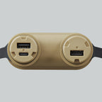 closeup view of the beige 15000mah battery, showing 2 USB-A ports, and one USB-C port
