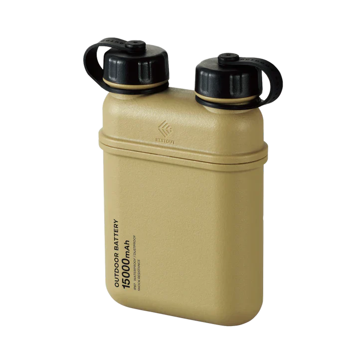 15000mAh waterproof outdoor battery with 2 caps that looks like a flask or vintage cantene | USB-A and USB-C compatible. Built to be used in conjunction with the NESTOUT lighting accessories, FLASH-1 and LAMP-1. Can be sustainably recharged using our solar generators
