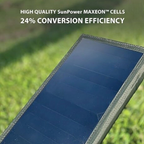 HIGH QUALITY SUNPOWER MAXEON CELLS | 24% CONVERSION EFFICIENCY | close up image of solar panel with green grass background