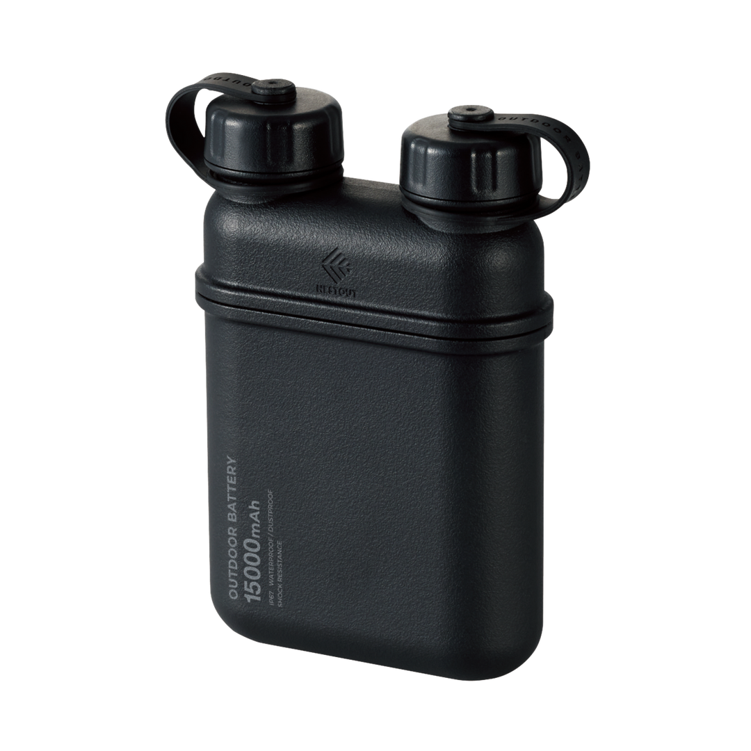 black 15000mAh waterproof outdoor battery that can be charged with solar - USB-C and USB-A compatible