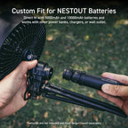 NESTOUT black outdoor fan closeup shows person connecting a 5000mAh battery | Overlay text reads: custom fit for NESTOUT batteries: direct fit with 5000mAh and 10000mAh batteries and works with other power banks, chargers, or wall outlet |  disclaimer: batteries are not included and must be purchased separately 