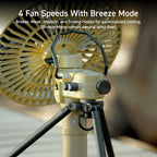 closeup view of the beige nestout fan shows controls for fan speed | overlay text reads: 4 fan speeds with breeze mode: breeze, weak, medium, and strong modes for personalized cooling. (breeze mode mimics natural wind flow)