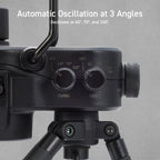 closeup shot of the NESTOUT outdoor portable fan's controls: shows swing (oscillation) and timer | overlay text reads: Automatic Oscillation at 3 angles: Oscillates at 40 degrees, 70 degrees, and 100 degrees