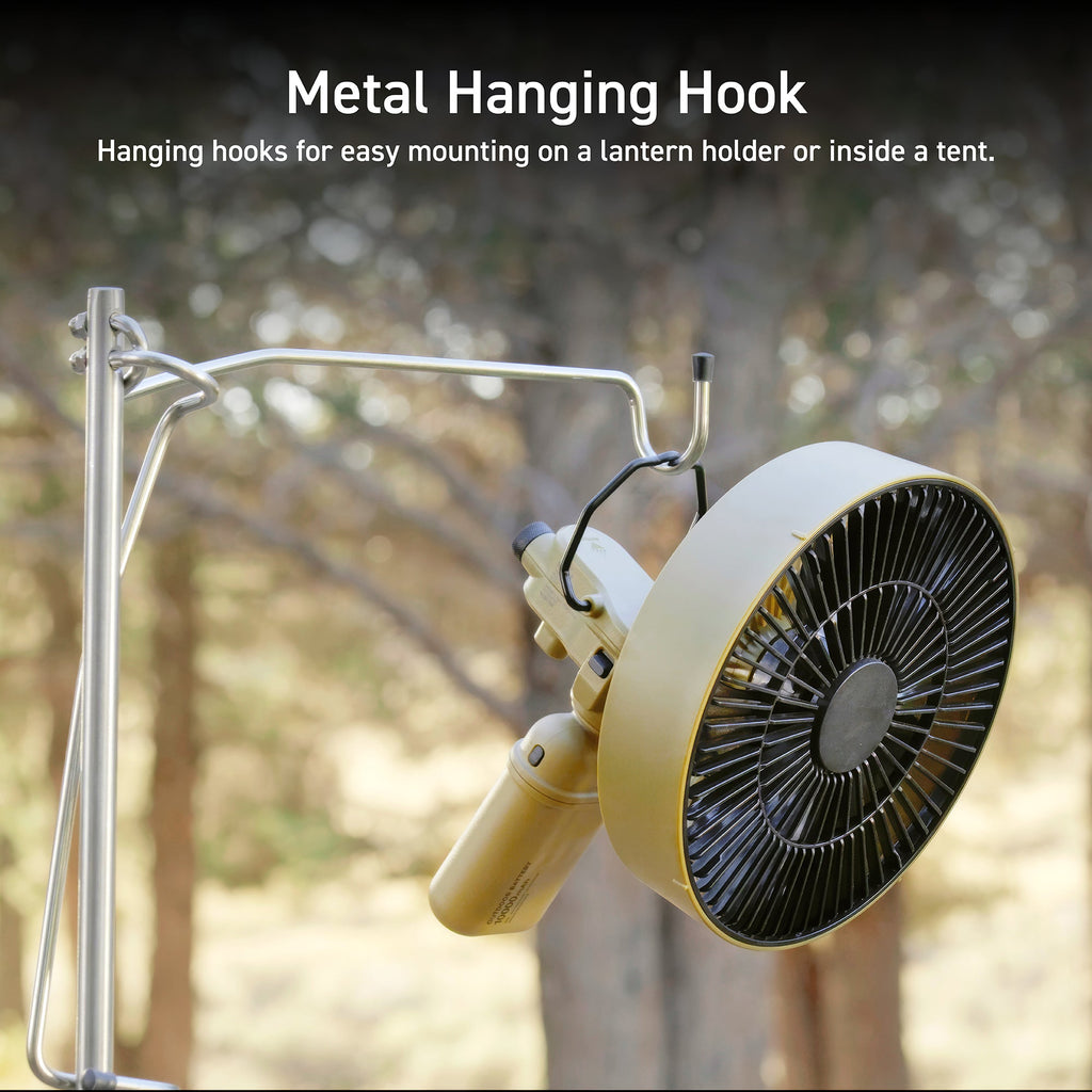 beige portable outdoor fan features a black metal hook, perfect for hanging around the campsite, from a tree, or more | overlay text reads: metal hanging hook: hanging hooks for easy mounting on a lantern holder or inside a tent | disclaimer: batteries are not included and must be purchased separately 