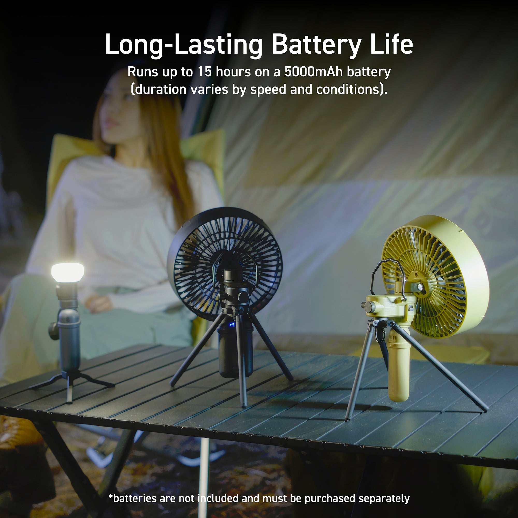 Image of 2 nestout fans, one black, one beige with matching nestout power banks powering them and a nestout lamp-1 wigth a grey power bank | girl in the background at a camp site | overlay text reads: Long-lasting battery life 
| Runs up to 15 hours on a 5000mAh battery (duration varies by speed and conditions) | disclaimer: batteries are not included and must be purchased separately 