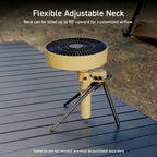 NESTOUT beige outdoor fan for camping and other adventures with fan pointing straight up | overlay text reads: flexible adjustable neck: neck can be tilted up to 90 degrees upward for customized airflow.|  disclaimer: batteries are not included and must be purchased separately 