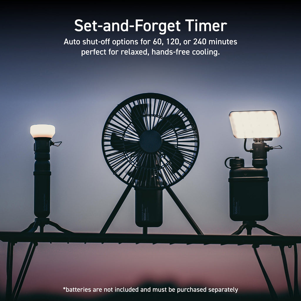 backlit image of nestout products: lamp-1, fan-1, and flash-1 | each is paired with a NESTOUT power bank | all products shown in black | overlay text reads: set-and-forget timer: auto shut-off options for 60, 120, o 240 minutes perfect for relaxed, hands-free cooling. | disclaimer: batteries are not included and must be purchased separately 