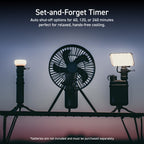 backlit image of nestout products: lamp-1, fan-1, and flash-1 | each is paired with a NESTOUT power bank | all products shown in black | overlay text reads: set-and-forget timer: auto shut-off options for 60, 120, o 240 minutes perfect for relaxed, hands-free cooling. | disclaimer: batteries are not included and must be purchased separately 