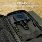 this portable solar charger allows you to simultaneously charge 2 devices and has a built-in display to monitor the energy current flowing in from the sun | 4 panel solar charger | interior closeup of 4 panel solar charger for charging 2 devices simultaneously | 2x USB-A ports with a maximum output of 2.1A | nestout innovative outdoors technology | perfect gift for father's day, hikers, outdoorsmen, and more!