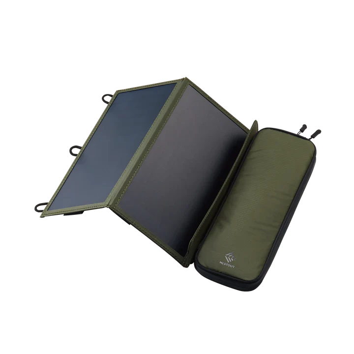 2 panel olive green solar charger for backpacking, camping, hiking, canoeing, and more | survival kit | NESTOUT USA by ELECOM | backpacking accessories | outdoor tech | transparent background | portable solar power generator  | bug out bag