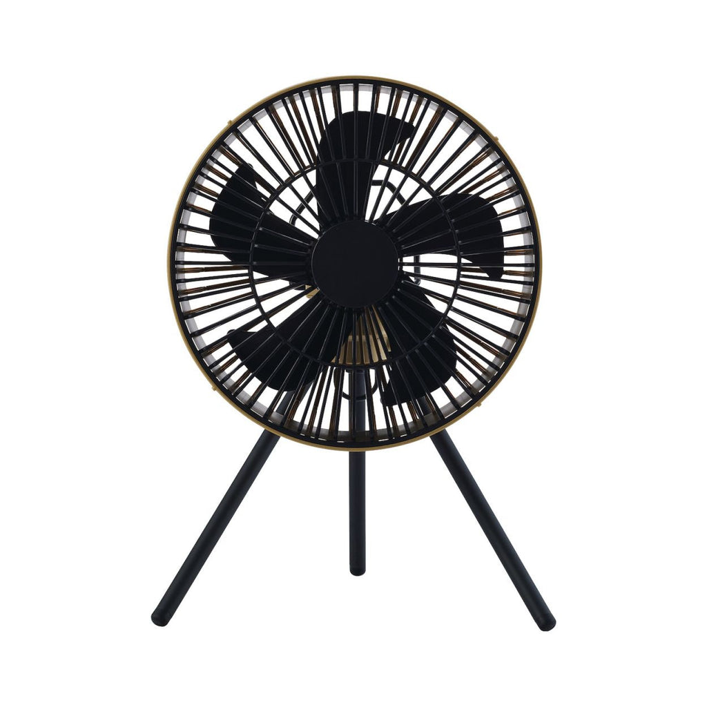 front view of beige fan with 5 fan blades on a tripod | white background
