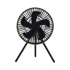 front view of beige fan with 5 fan blades on a tripod | white background