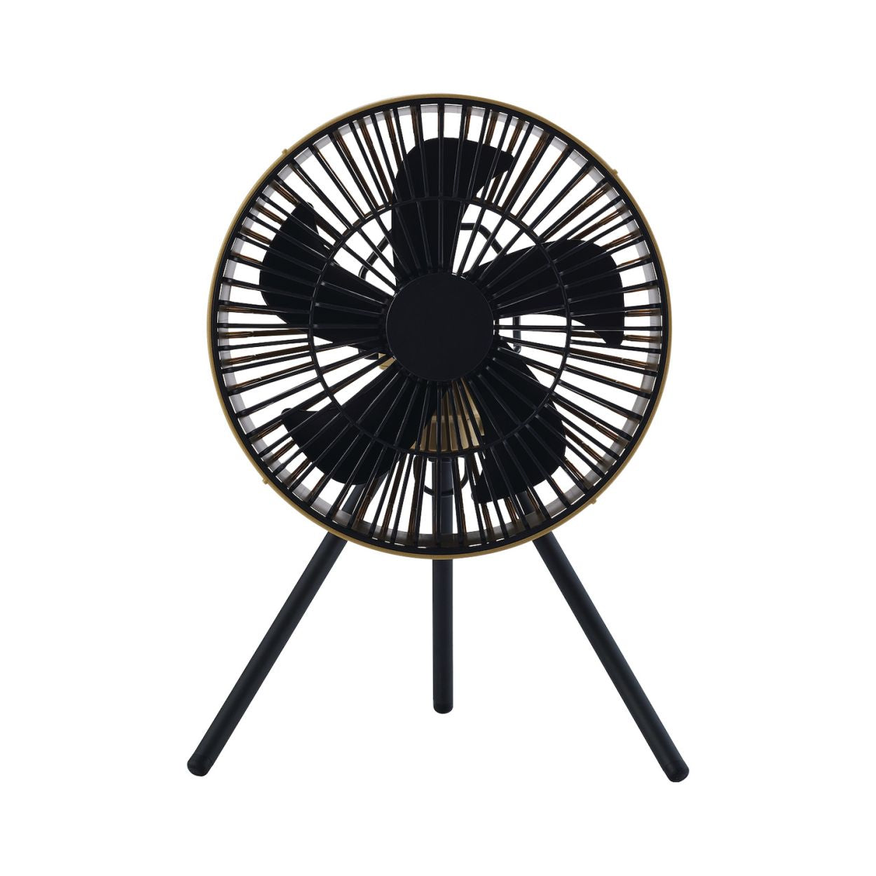 front view of beige fan with 5 fan blades on a tripod | white background