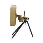 Side view of beige nestout outdoor fan on white background
